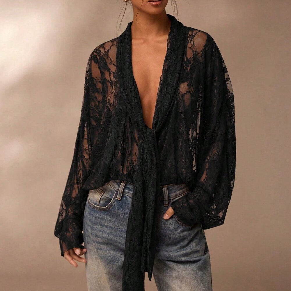 Black Casual Women's Sexy Lace Blouse